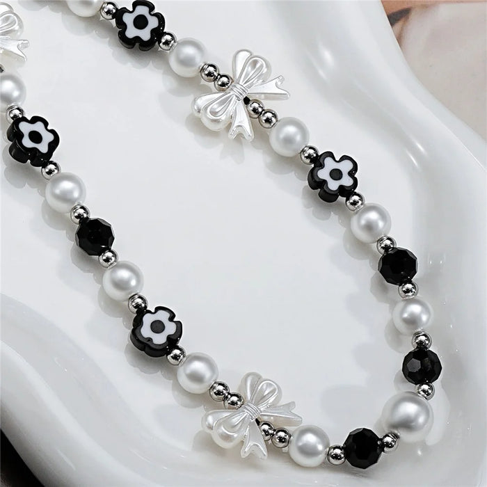 17cm Black White Phone Chain Pearl Bow Flower Charm Anti-Lost Wrist Strap Lanyard - 6