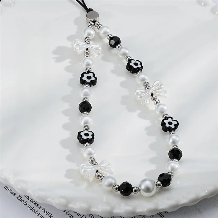 17cm Black White Phone Chain Pearl Bow Flower Charm Anti-Lost Wrist Strap Lanyard - 7