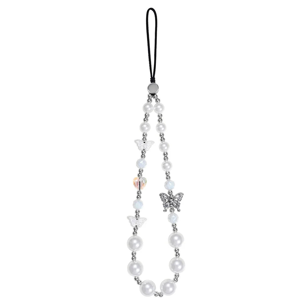 17cm Pearl Butterfly Beaded Phone Lanyard Wrist Strap Anti-Lost Phone Bracelet Keychain Charm - 1