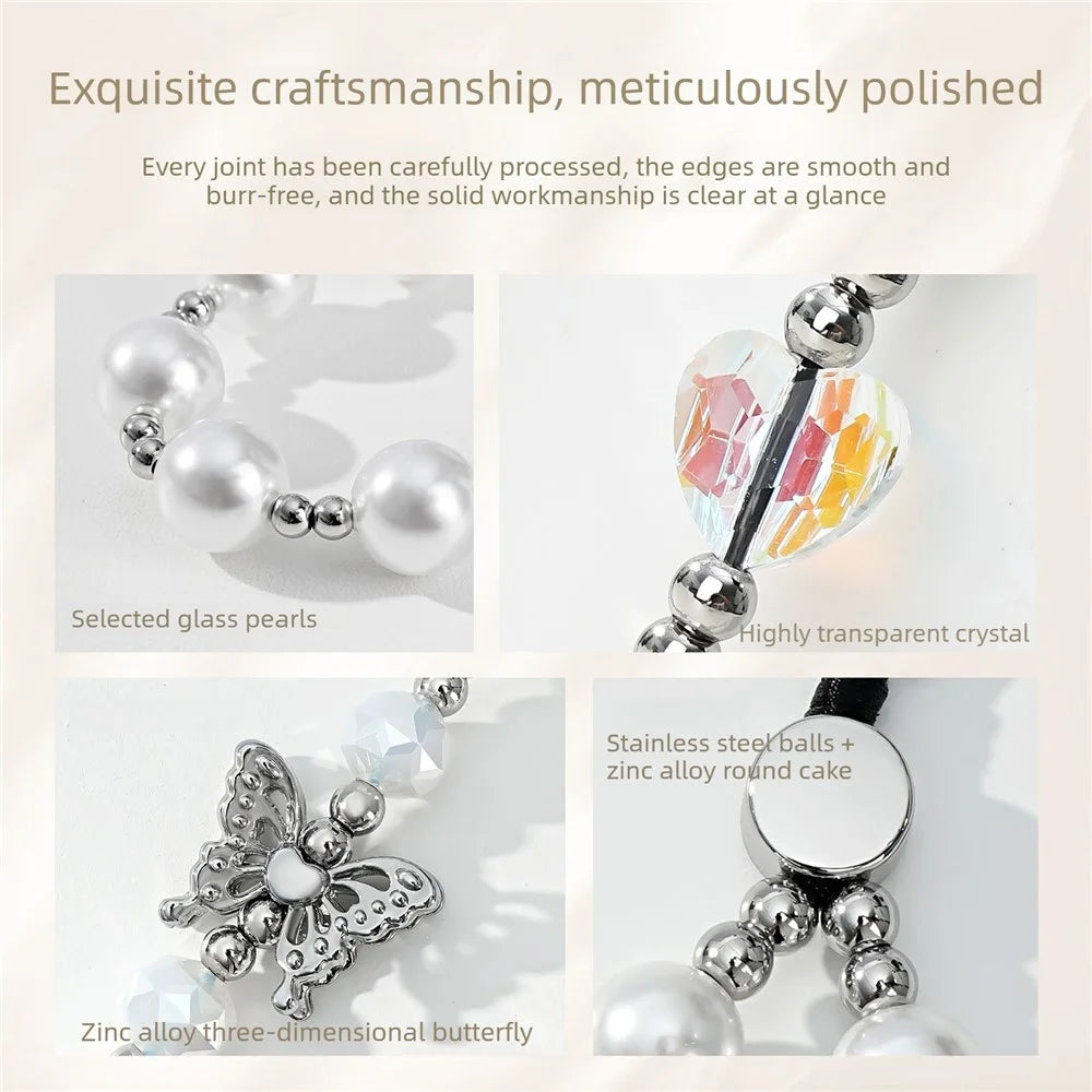 17cm Pearl Butterfly Beaded Phone Lanyard Wrist Strap Anti-Lost Phone Bracelet Keychain Charm - 4