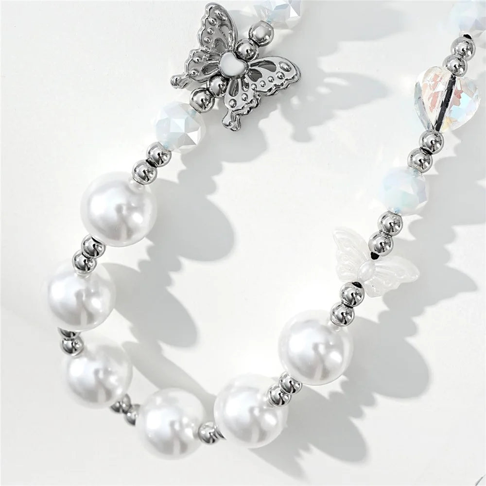 17cm Pearl Butterfly Beaded Phone Lanyard Wrist Strap Anti-Lost Phone Bracelet Keychain Charm - 5