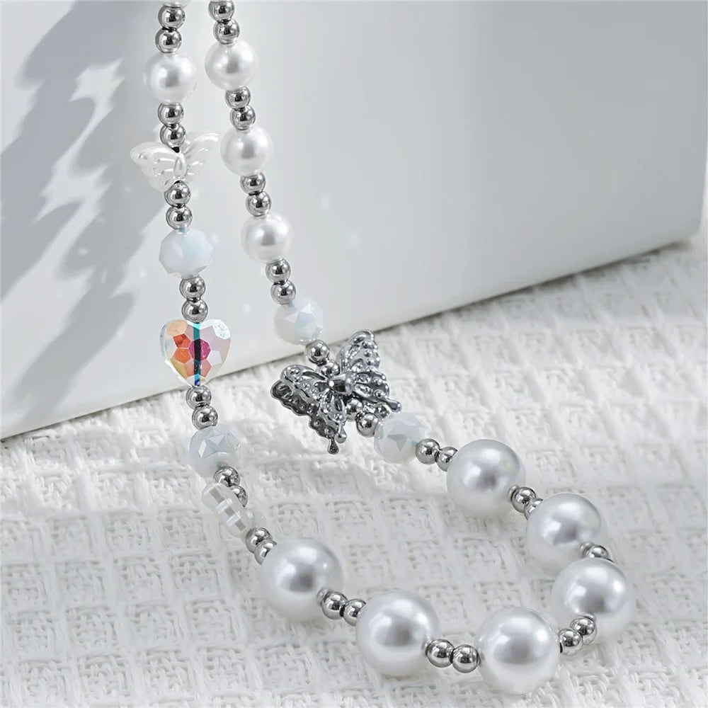 17cm Pearl Butterfly Beaded Phone Lanyard Wrist Strap Anti-Lost Phone Bracelet Keychain Charm - 6