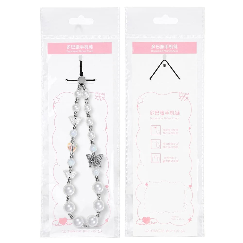 17cm Pearl Butterfly Beaded Phone Lanyard Wrist Strap Anti-Lost Phone Bracelet Keychain Charm - 7