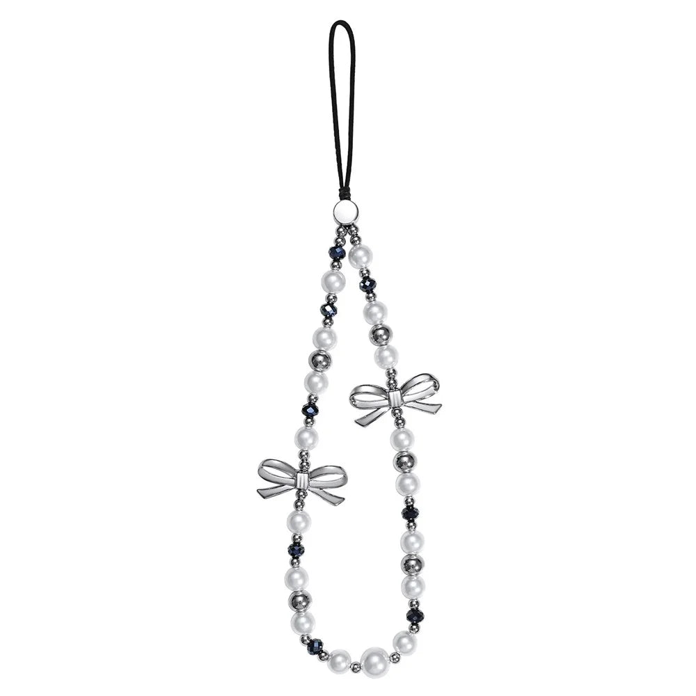 17cm Double Bow Pearl Beaded Phone Charm Lanyard Chain Anti-Lost Wrist Strap Phone Bracelet Keychain - 1