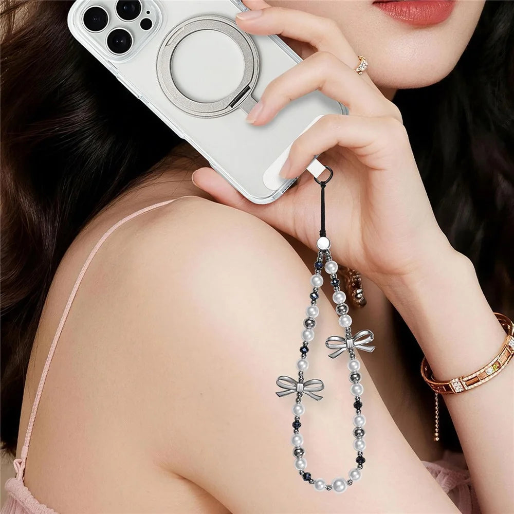 17cm Double Bow Pearl Beaded Phone Charm Lanyard Chain Anti-Lost Wrist Strap Phone Bracelet Keychain - 2