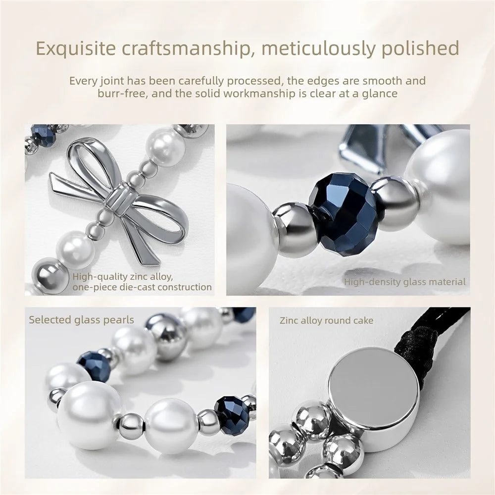 17cm Double Bow Pearl Beaded Phone Charm Lanyard Chain Anti-Lost Wrist Strap Phone Bracelet Keychain - 4