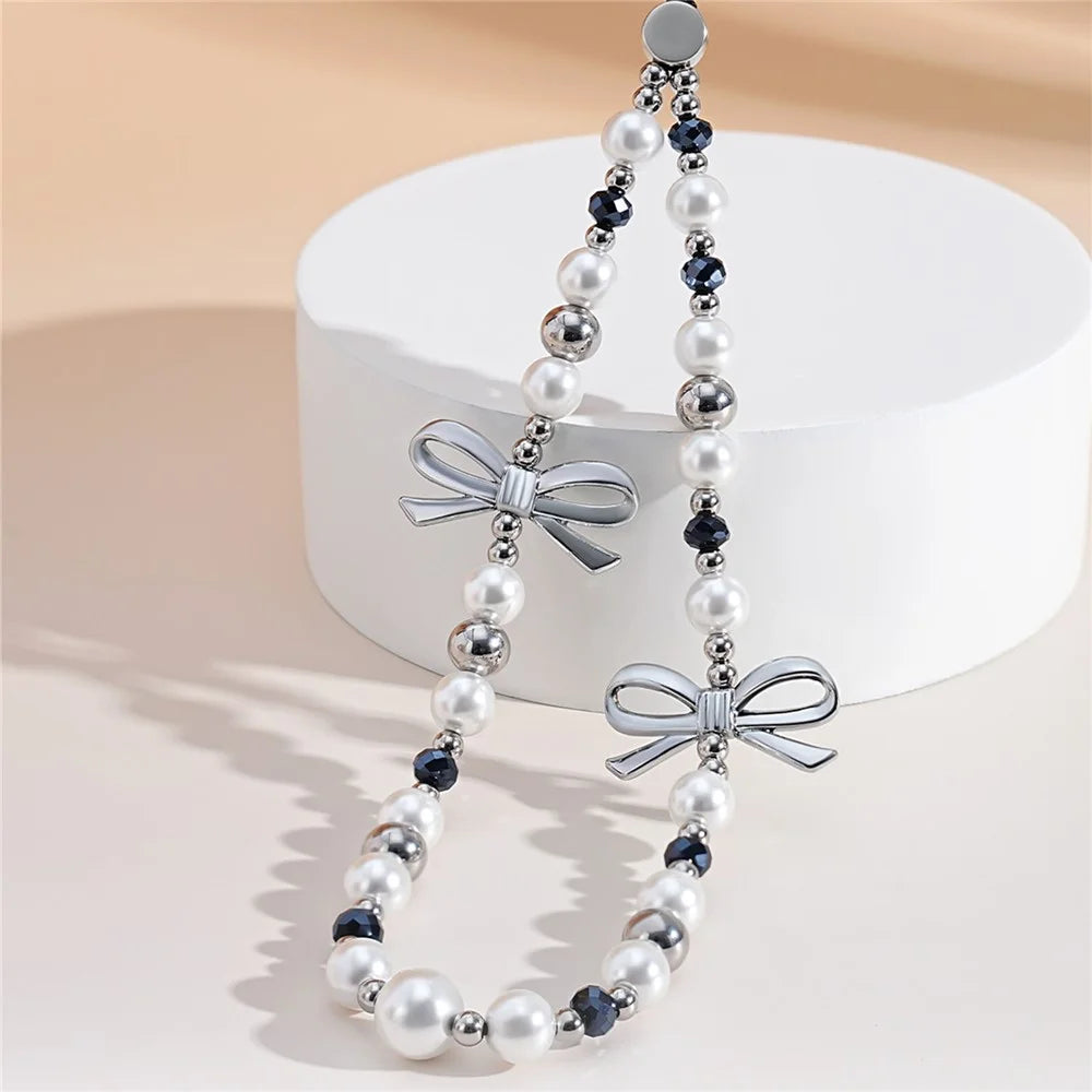 17cm Double Bow Pearl Beaded Phone Charm Lanyard Chain Anti-Lost Wrist Strap Phone Bracelet Keychain - 5