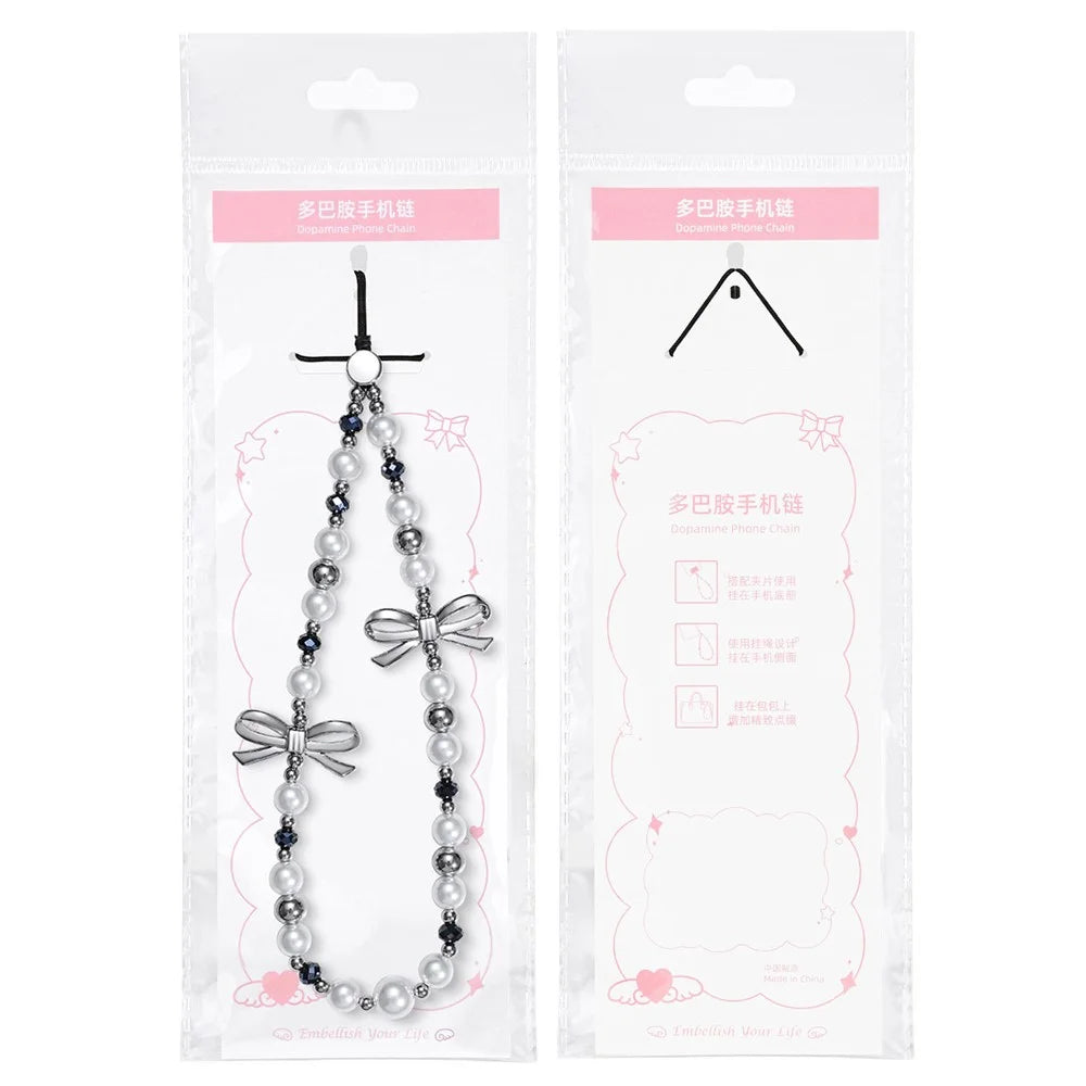 17cm Double Bow Pearl Beaded Phone Charm Lanyard Chain Anti-Lost Wrist Strap Phone Bracelet Keychain - 7