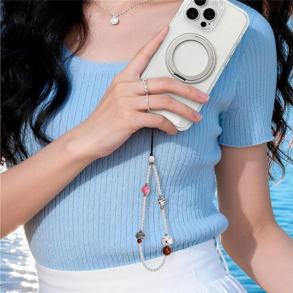 17cm Phone Chain Strap with Cute Dog Charm Pearl Beads Anti-Lost Phone Lanyard Wrist Strap - 2