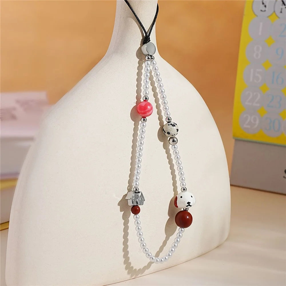 17cm Phone Chain Strap with Cute Dog Charm Pearl Beads Anti-Lost Phone Lanyard Wrist Strap - 5