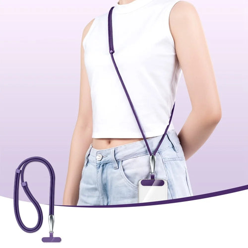 CT-66 160cm Crossbody Phone Lanyard Adjustable Strap with 60 x 16mm Clear TPU Tether Tab, Strap Diameter: 6mm - Dark Purple - 1