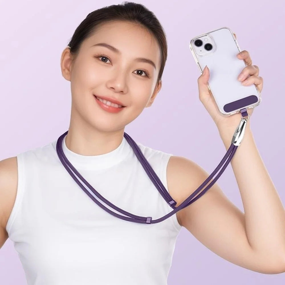 CT-66 160cm Crossbody Phone Lanyard Adjustable Strap with 60 x 16mm Clear TPU Tether Tab, Strap Diameter: 6mm - Dark Purple - 7