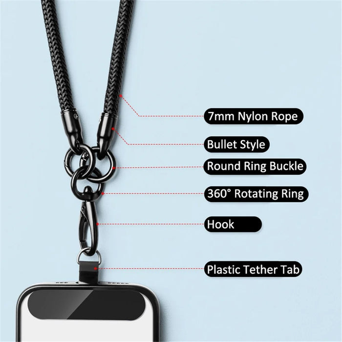 Neck-Mounted Phone Lanyard 3Pcs / Set Anti-Lost Cell Phone Nylon Hanging Rope with Strap, Plastic Tether Tab - Black - 7