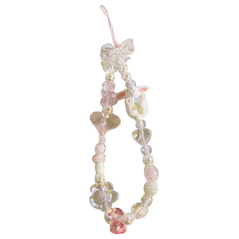 384 Cute Rabbit Decor Mobile Phone Lanyard Resin Keychain Cellphone Beads Wrist Strap for CCD Camera - 1