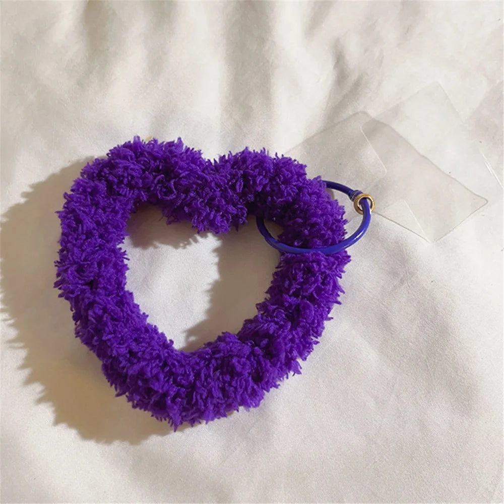 A10 Style Warm Plush Phone Hand Strap Heart Wristlet Bracelet Charm with Tether Tab - Dark Purple - 1