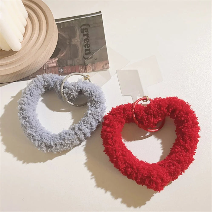 A10 Style Warm Plush Phone Hand Strap Heart Wristlet Bracelet Charm with Tether Tab - Dark Purple - 4
