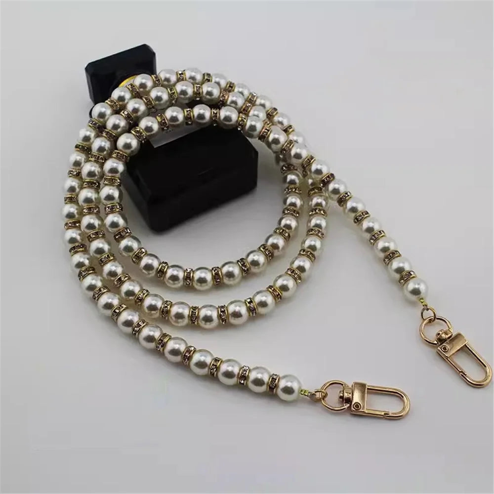 120cm Phone Lanyard Flashing Rhinestone Pearl Beaded Crossbody Chain Strap - Gold - 2