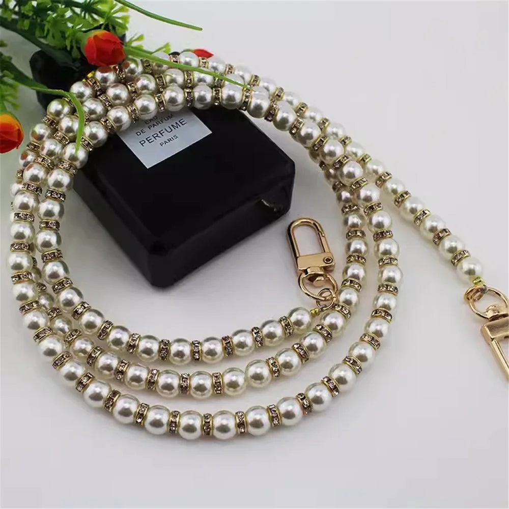 120cm Phone Lanyard Flashing Rhinestone Pearl Beaded Crossbody Chain Strap - Gold - 3