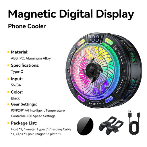 ESSAGER K50 Magnetic Digital Display Phone Cooler TEC Semiconductor AI Temperature Control RGB Lighting Cooling Fan for Gaming - Black - 2