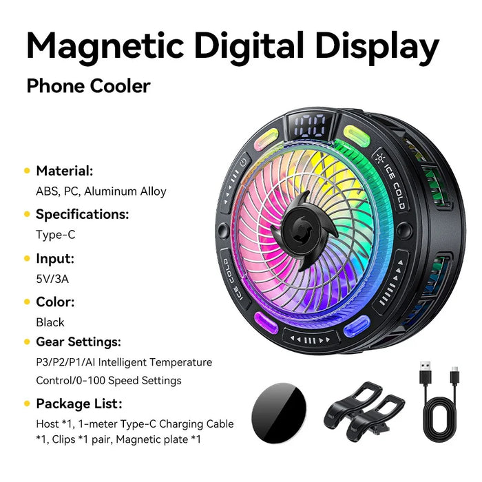 ESSAGER K50 Magnetic Digital Display Phone Cooler TEC Semiconductor AI Temperature Control RGB Lighting Cooling Fan for Gaming - Black - 2
