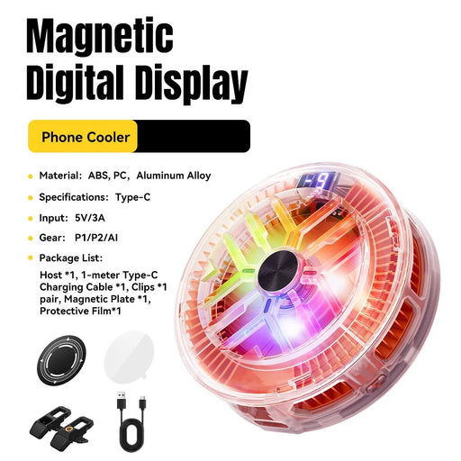 ESSAGER ES-SR01 Magnetic Digital Display Phone Cooler TEC Cooling RGB Lighting 3-Levels Temperature Control Cooling Fan for Gaming - Transparent Black - 2