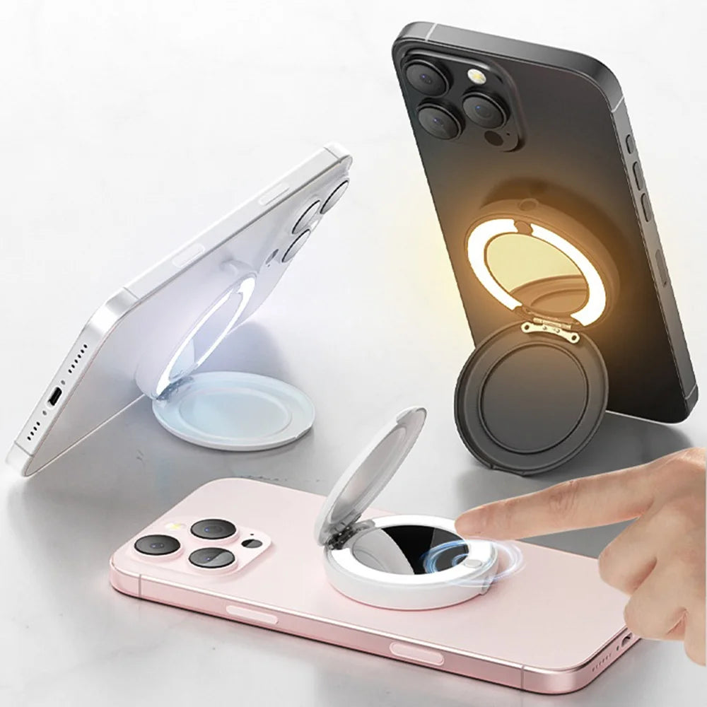 L22P 3 in 1 Magnetic Ring Light for Phone Live Streaming Folding Kickstand Makeup Mirror Photography Lamp - White - 4