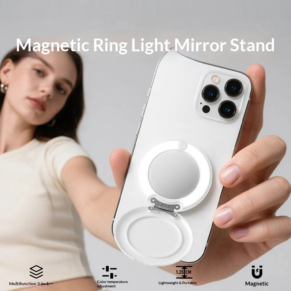 L22P 3 in 1 Magnetic Ring Light for Phone Live Streaming Folding Kickstand Makeup Mirror Photography Lamp - White - 5