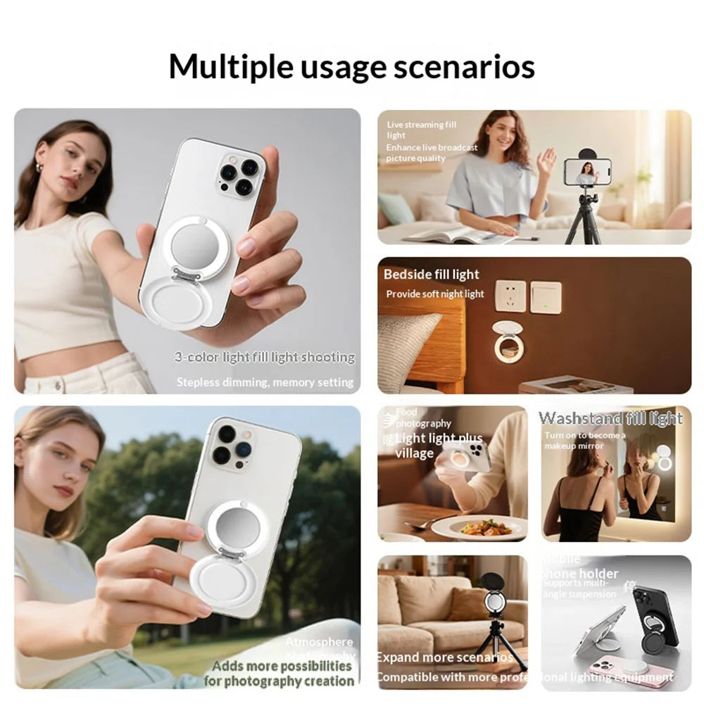 L22P 3 in 1 Magnetic Ring Light for Phone Live Streaming Folding Kickstand Makeup Mirror Photography Lamp - White - 6