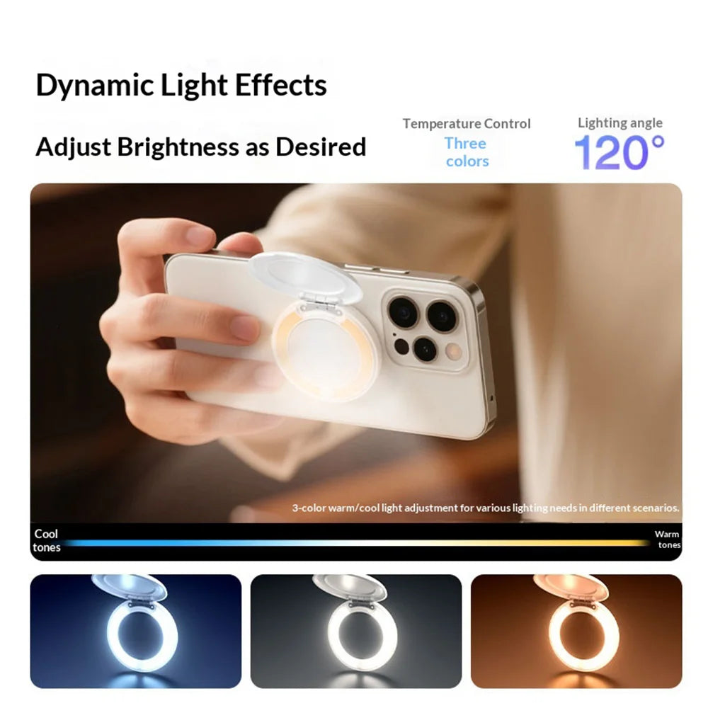 L22P 3 in 1 Magnetic Ring Light for Phone Live Streaming Folding Kickstand Makeup Mirror Photography Lamp - White - 7