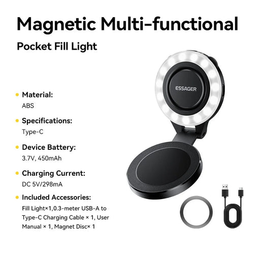 ESSAGER D13 Magnetic Multi-functional Pocket Fill Light Ring-Shaped Softbox Design 3-Color Temperature Adjustable Selfie Light for Photography - Black - 2