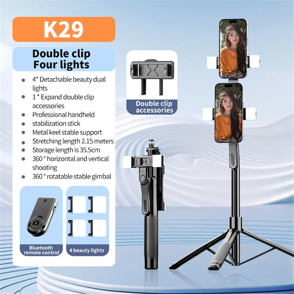 K29 2.15m Bluetooth-compatible Selfie Stick Double Phone Clip Tripod Stand with 4 Fill Light - 3