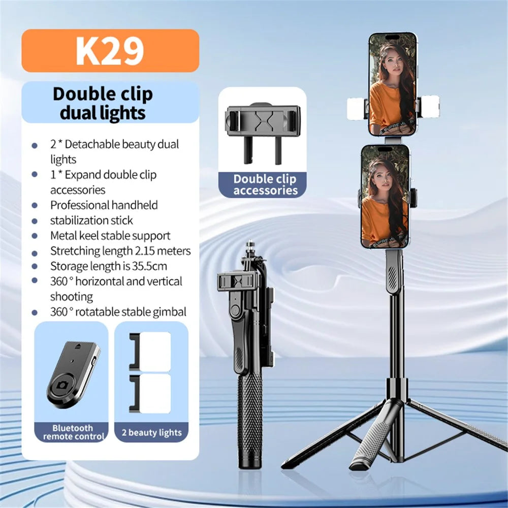 K29D 2.15m Bluetooth-compatible Selfie Stick Double Phone Clip Tripod Stand with Dual Fill Light - 3