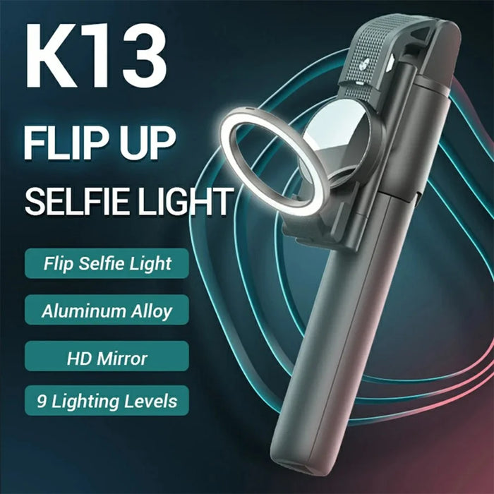 K13 Bluetooth-compatible Selfie Stick Folding Tripod Stand with Flip Up Fill Light and HD Mirror - 2