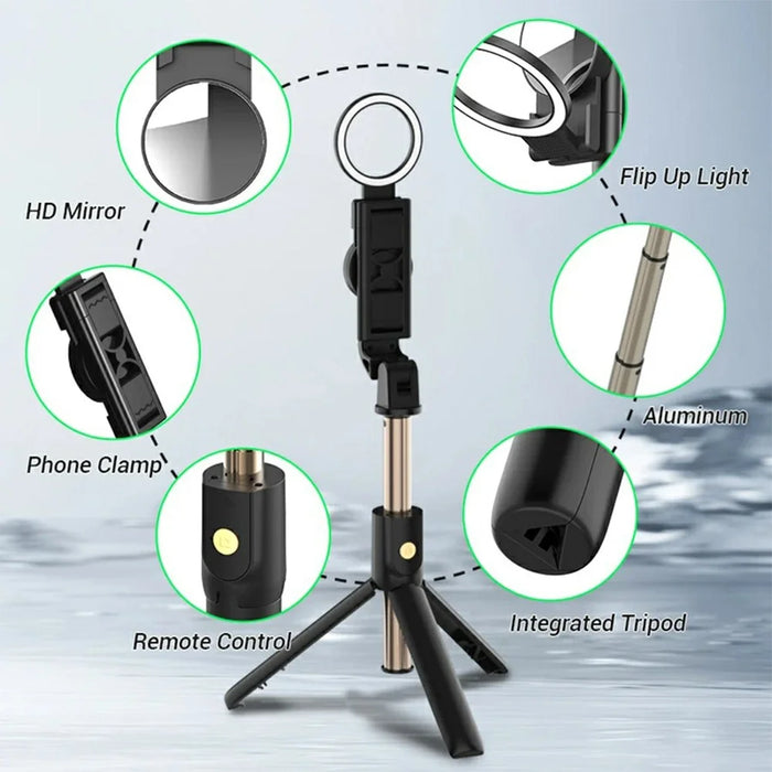K13 Bluetooth-compatible Selfie Stick Folding Tripod Stand with Flip Up Fill Light and HD Mirror - 5