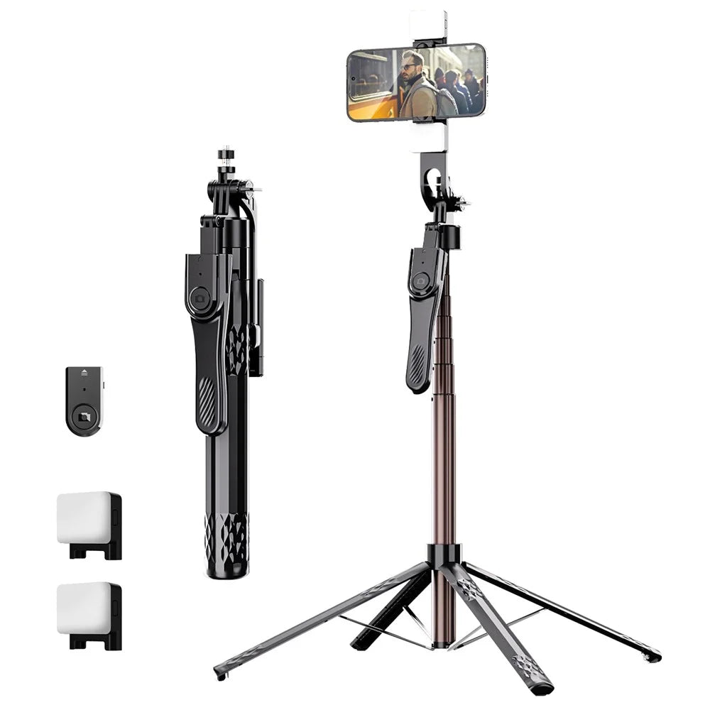 C11 1.85m Extendable Four-Legged Floor Stand Phone Holder Bluetooth-compatible Selfie Stick with 2 Fill Lights - 1