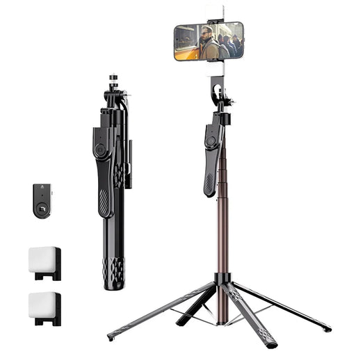 C11 1.85m Extendable Four-Legged Floor Stand Phone Holder Bluetooth-compatible Selfie Stick with 2 Fill Lights - 1