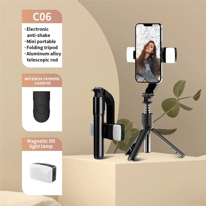 C06 Extendable Tripod Stand Phone Anti-Shake Stabilizer Bluetooth-compatible Selfie Stick with 2 Magnetic Fill Lights - 2