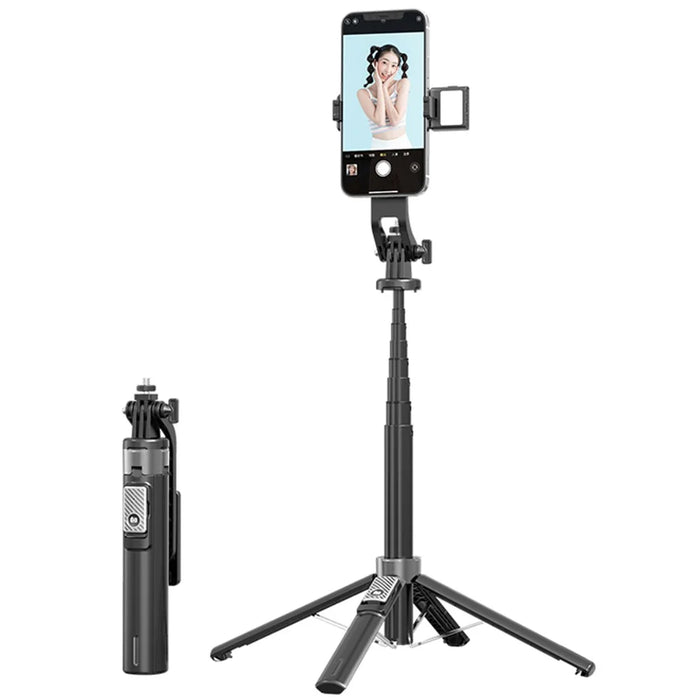 P135-V1 Selfie Stick Stable 4-Leg Tripod Phone Holder Stand with Remote Control+Single Fill Light - Black - 1