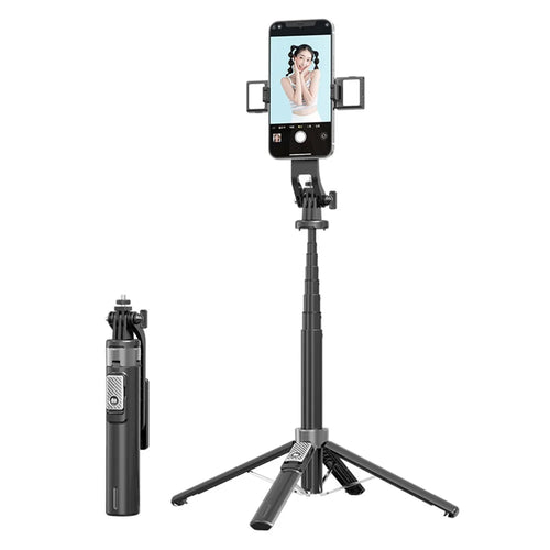 P135-V2 Selfie Stick Stable 4-Leg Tripod Phone Holder Stand with Remote Control+Dual Fill Lights - Black - 1