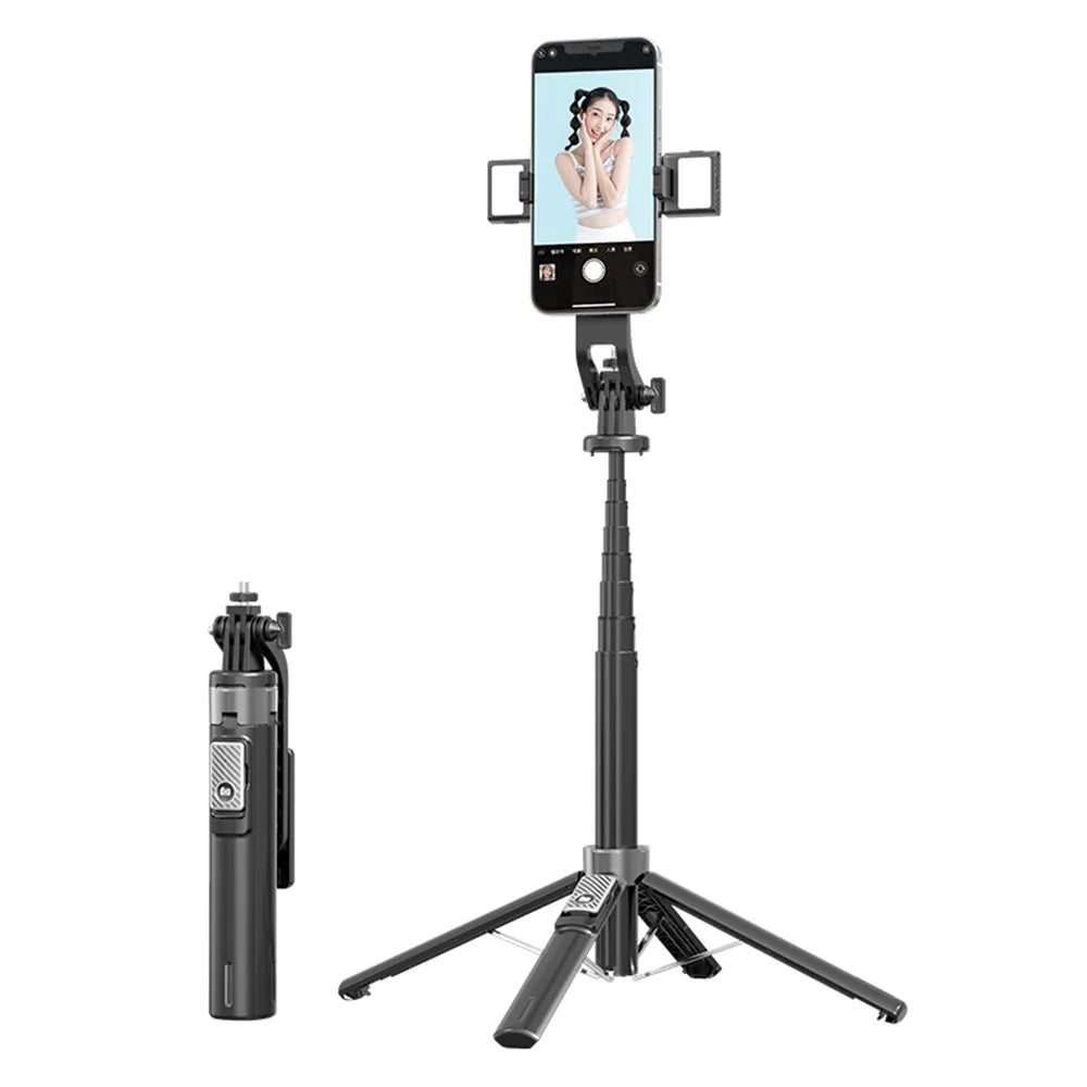 P135-V2 Selfie Stick Stable 4-Leg Tripod Phone Holder Stand with Remote Control+Dual Fill Lights - Black - 1