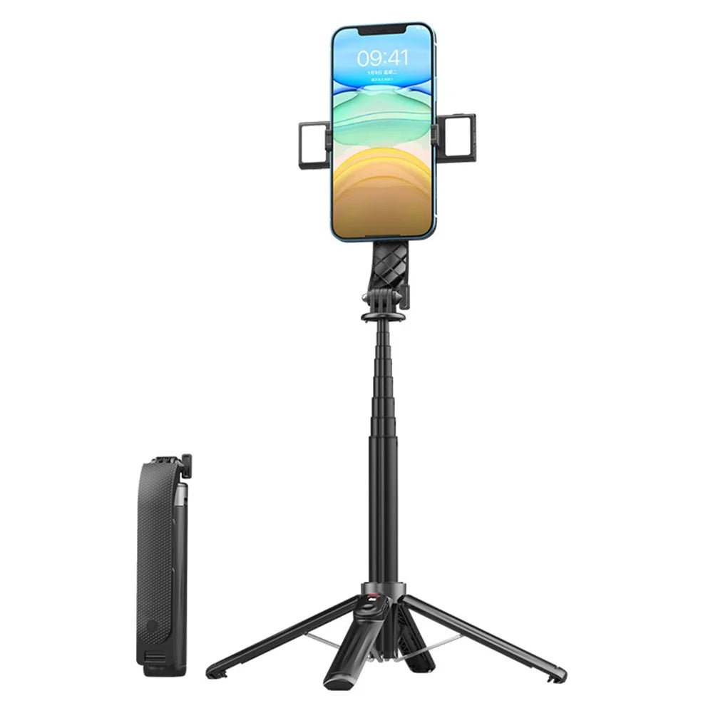 P07 2nd Gen V2 Telescopic Phone Holder Selfie Stick 4-Leg Floor Stand Bluetooth-compatible Shutter + 2 Fill Lights - Black - 1