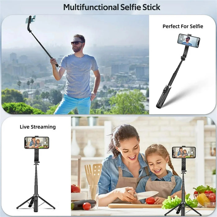 P07 2nd Gen V2 Telescopic Phone Holder Selfie Stick 4-Leg Floor Stand Bluetooth-compatible Shutter + 2 Fill Lights - Black - 2