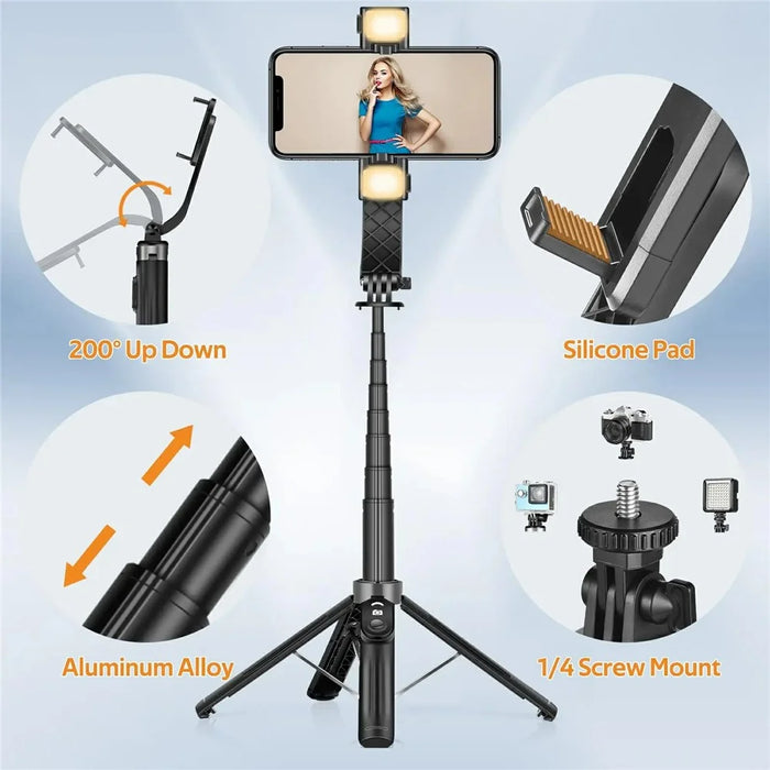 P07 2nd Gen V2 Telescopic Phone Holder Selfie Stick 4-Leg Floor Stand Bluetooth-compatible Shutter + 2 Fill Lights - Black - 3