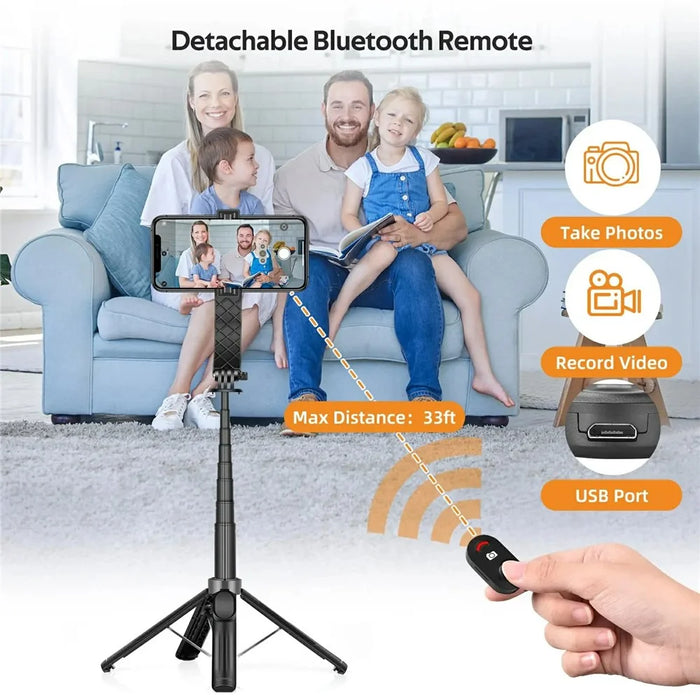 P07 2nd Gen V2 Telescopic Phone Holder Selfie Stick 4-Leg Floor Stand Bluetooth-compatible Shutter + 2 Fill Lights - Black - 4
