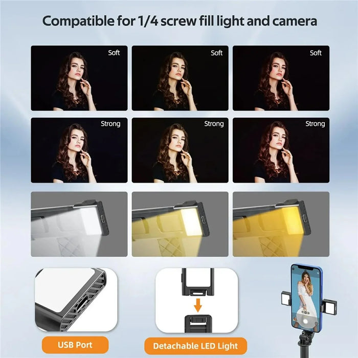 P07 2nd Gen V2 Telescopic Phone Holder Selfie Stick 4-Leg Floor Stand Bluetooth-compatible Shutter + 2 Fill Lights - Black - 5