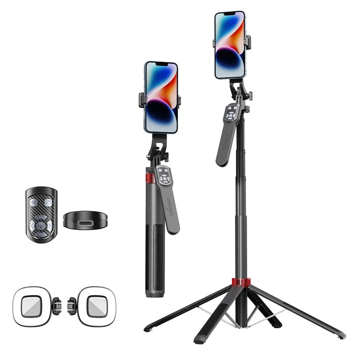P185TK+F2 Phone Holder Bluetooth-compatible Selfie Stick Extendable Four-Leg Floor Stand with 2 Square Fill Lights - 1