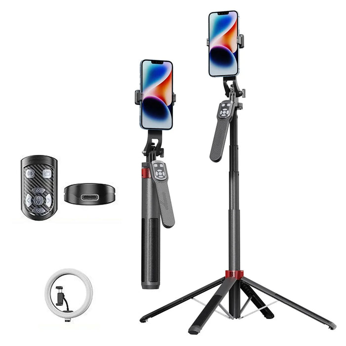 P185TK Extendable Four-Leg Floor Stand Phone Live Streaming Bluetooth-compatible Selfie Stick with 10-inch Fill Light - 1