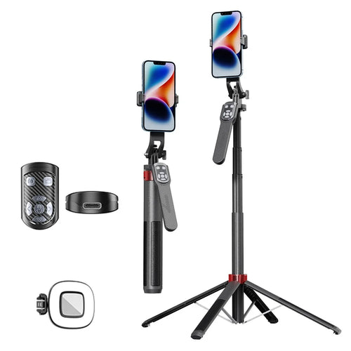 P185TK+F1 Extendable Four-Leg Floor Stand Phone Holder Bluetooth-compatible Selfie Stick with 1 Square Fill Light - 1