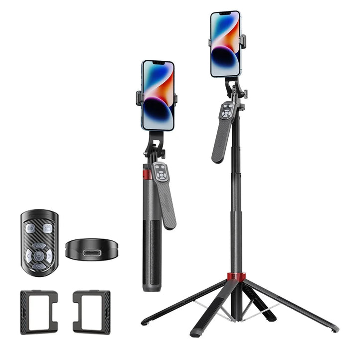 P185TK-V2 Extendable Phone Holder Four-Leg Floor Stand Bluetooth-compatible Selfie Stick with 2 Fill Lights - 1