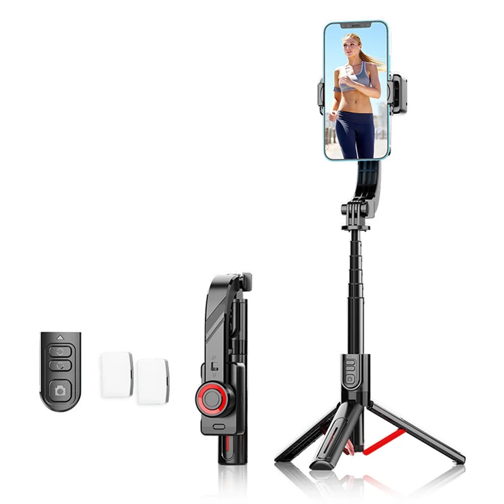 C08 Handheld Stabilizer with 2 Fill Lights , Anti-Shake Gimbal Tripod Selfie Stick for Live Streaming - Black+Red - 1